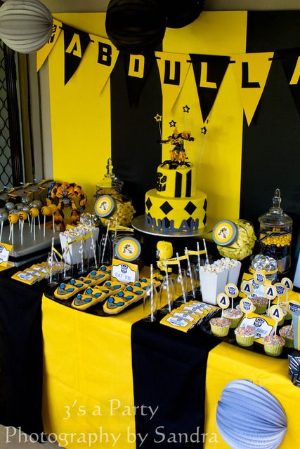 Birthday Party Idea for my Transformer fanatic. But change everything to blue red and silver for optimus prime Bumble Bee Cake Transformers, Transformers Birthday Party Ideas, 38 Birthday, Transformers Birthday Party, Bumblebee Party, Bumblebee Birthday, Transformers Party, Transformers Cake, Transformers Birthday Parties