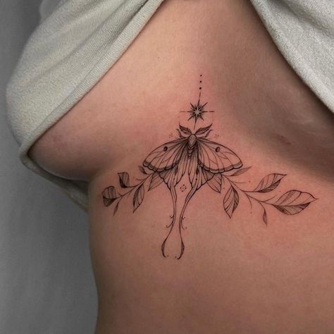 Moth On Stomach Tattoo, Luna Moth Tattoo Fine Line, Sternum Luna Moth Tattoo, Butterfly Tattoo On Sternum, Moth And Crystal Tattoo, Moth Belly Tattoo, Moth Spine Tattoos For Women, Underbust Tattoos For Women, Tattoo Ideas Female Belly