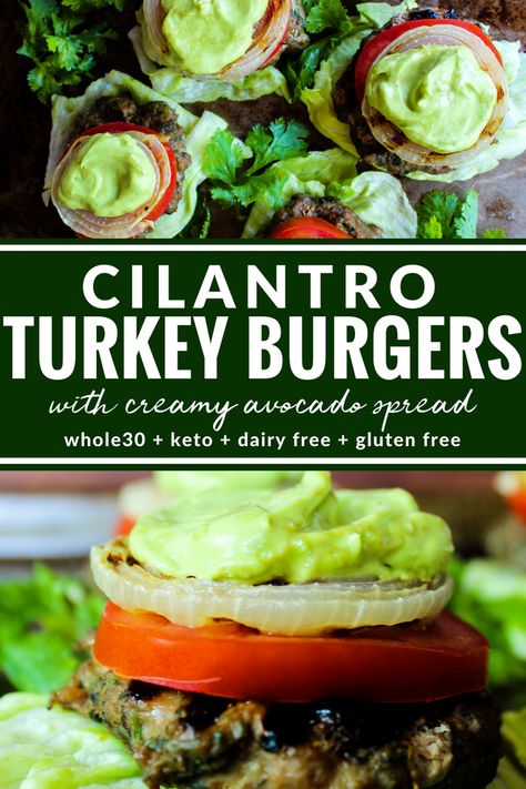 This Cilantro Turkey Burger is flavorful and incredibly delicious! This is a must make recipe for summer grilling! Lighter than beef but just as tasty. Plus it's Whole30, dairy free, and gluten free. Ground Turkey Patties, Best Turkey Burger Recipe, Best Turkey Burger, Keto Burgers, Turkey Burger Recipe, Turkey Patties, Grilled Turkey Burgers, Healthy Grilled, The Best Turkey