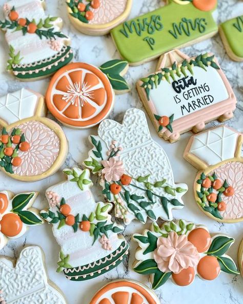 Citrus Wedding Cookies, Orange Theme Cookies, Aperol Spritz Bridal Shower Theme Cookies, Citrus Decorated Cookies, Citrus Theme Cookies, Citrus Cookies Decorated, Citrus Bridal Shower Cake, Citrus Bridal Shower Ideas, Citrus Sugar Cookies