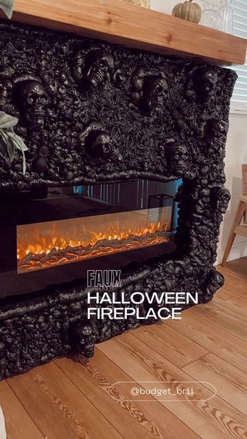 Bri | Budget DIY’s on Instagram: "Thanks to the queen of Halloween @ashtonsedita for the idea! I am so obsessed with how this turned out ☠️☠️ So dang easy and inexpensive…. But I think I want to paint the real fireplace black now 🤪 #halloweenfireplace #halloween #halloweendecor #diy #diyhalloween #seasonaldecor #craftymom #crafty #diyreels #easydiy #seasonalhomedecor #falldecor #falldecor" Diy Halloween Dungeon, Halloween Fake Fire Pit, Skull Fireplace Diy, Diy Fake Fireplace Cardboard, Diy Fireplace Fake Cardboard Boxes, Real Fireplace, Haunted Halloween Party, Fireplace Black, Queen Of Halloween