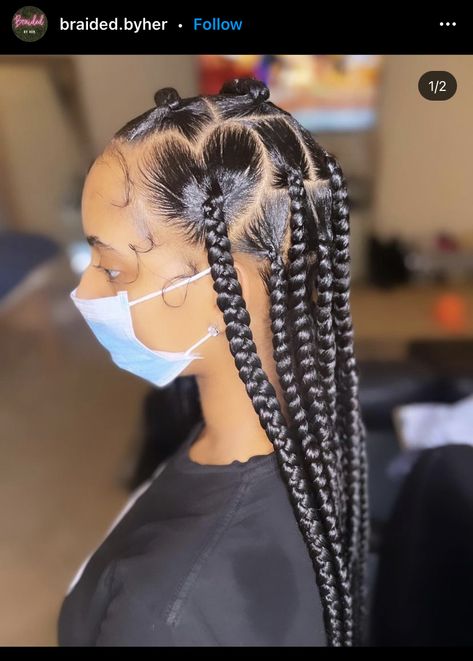 Coi Leray Braids With Heart, Large Knotless With Heart On The Side, Jumbo Box Braids With Heart, Box Braids With Heart Design, Heart Box Braids, Heart Knotless, Braided Ponytail Black Hair, Aesthetic Surgeon, Hair Inches