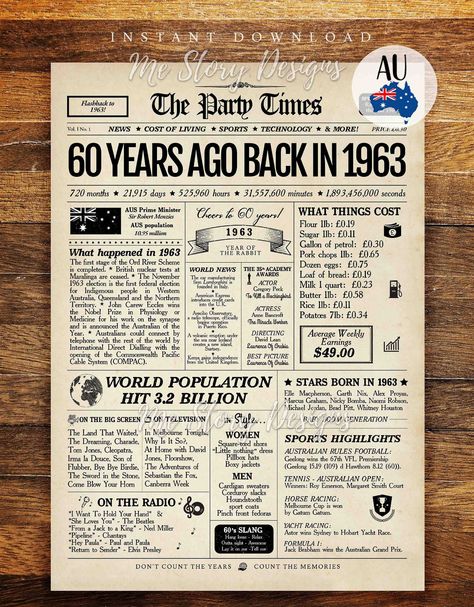 1963 AUSTRALIA 60th Birthday Newspaper Print Australian - Etsy Back In 1943, Back In 1963, 60th Birthday Poster, 40th Birthday Poster, Work Anniversary Gifts, Birthday Newspaper, 60th Birthday Party Decorations, 80th Birthday Decorations, Newspaper Poster