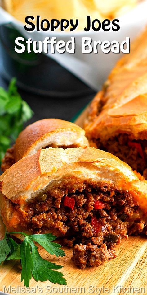 Sloppy Joe Stuffed French Bread, Stuffed Buns Recipe Meat, Stuffed Bread Recipes, Stuffed French Bread, Tailgate Foods, Stuffed Breads, Melissas Southern Style Kitchen, Loose Meat Sandwiches, Stuffed Bread