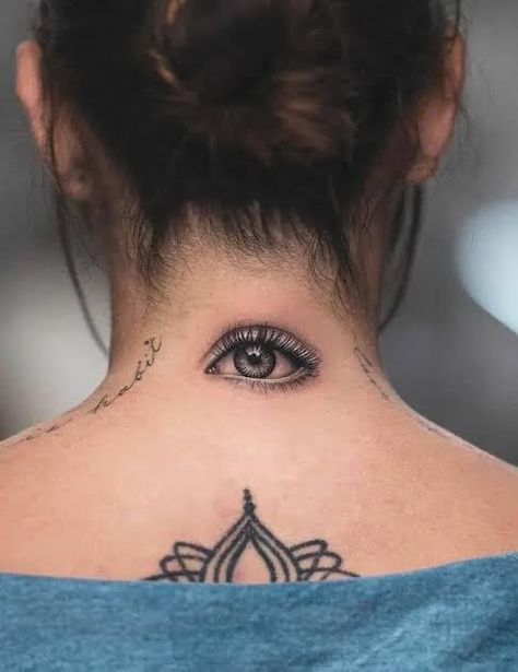 Eyeball Neck Tattoo, Eye Tattoo Behind Neck, Eye On Back Of Neck Tattoo, Eye Neck Tattoos Women, Tattoo Nape Of Neck, Closed Eyes Tattoo, Eye Tattoo On Back, Eye Tattoo On Neck, Eye Tattoo Realism