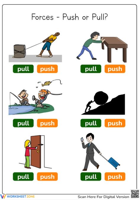 Push the boredom away and pull your interest in science with this worksheet right now! #pushandpull #pushorpull #science #worksheets #forces #push #pull #printables #kidsactivities #scienceactivities #choosing #identifying Push And Pull Science Experiments, Push And Pull Activities Kindergarten Science Experiments, Push And Pull Worksheets, Kindergarten Science Experiments, Force Activities, Robot Decorations, Grade 3 Science, Science Revision, Body Preschool