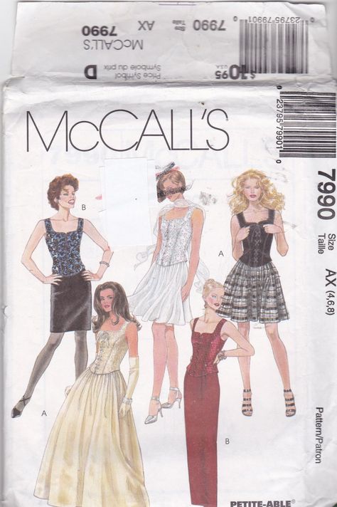 McCall 7990 Pattern Uncut FF 4 6 8 Corset Top Full or Slim Skirt Evening Bridesmaid Tops, Skirt Tops, Unique Wedding Gowns, Plus Size Sewing Patterns, Short Formal Dress, Corset Blouse, Plus Size Sewing, Women's Sewing Patterns, Evening Skirts