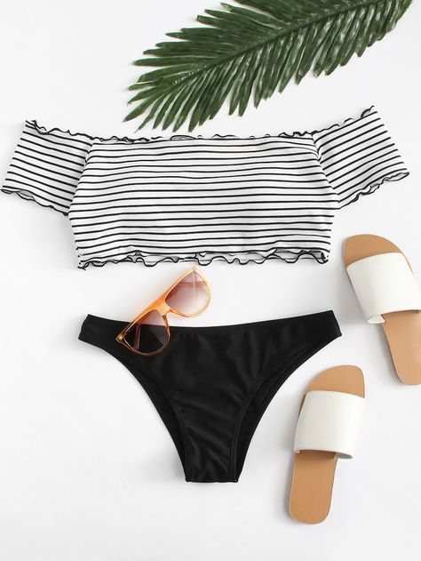 Lettuce Edge Bardot Top With Stripe Bikini Set -SHEIN(SHEINSIDE) Cheap Bathing Suits, Cute Bathing Suits, Cute Swimsuits, Beachwear For Women, Black & White, Swim Suit, Short Sleeve Top, Billabong, Lettuce