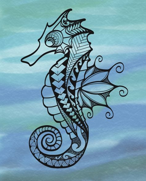 Cute Seahorse Drawing, Seahorse Tattoo Design Drawings, Sea Horse Drawing, Seahorse Ocean Tattoo, Unique Seahorse Tattoo, Mandala Seahorse Tattoo, Ocean Zentangle, Seahorse Line Art, Seahorse And Starfish Tattoo