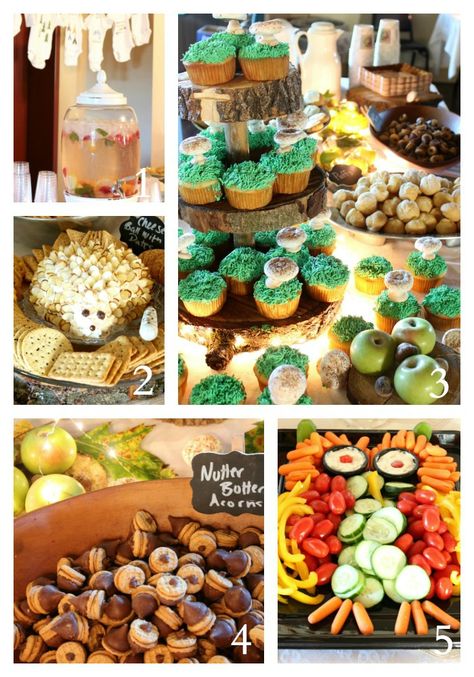 Woodland Theme Baby Shower Food Ideas For Woodland Theme Party, Woodland Theme Veggie Tray, Woodland Theme Appetizers, Hedgehog Cheese Ball Woodland Party, Woodland Theme Food Ideas Snacks, Woodland Theme Food, Owl Veggie Tray, Woodland Theme Food Ideas, Veggie Owl