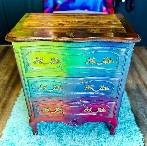 SOLD Neon Ombré Nightstand - Etsy Boho Things, Rainbow Furniture, Gradient Colour, Repainting Furniture, Custom Painted Furniture, Whimsical Furniture, Paint Color Schemes, Plaster Art, Painting Furniture