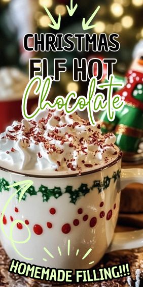 Christmas Elf Hot Chocolate Christmas Elf Hot Chocolate, Elf Hot Chocolate, Classic Hot Chocolate, Colorful Drinks, Holiday Foods, Green Food Coloring, Dairy Free Options, Mini Marshmallows, Holiday Magic