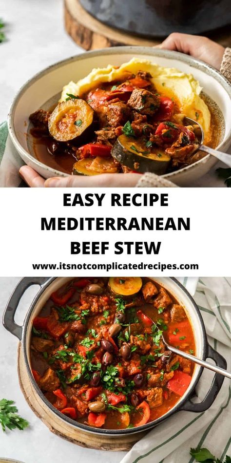 If you like Mediterranean foods as much as I do, I am certain that you will love this easily prepared Mediterranean Beef Stew. It is a one-pot meal, complete on its own, with cubes of beef, simmered until meltingly tender, in a rich tomato sauce with fresh vegetables and herbs. #mediterraneanbeefstew #beefstew #beefrecipes #meatdishes #meatstews #stewrecipes #cravecookconsume #itsnotcomplicatedrecipes Hearty Mediterranean Meals, Mediterranean Stew Crock Pot, Mediteranian Beef Recipes, Mediterranean Diet Recipes Beef, Mediterranean Stew Recipes, Summer Stew Recipes, Mediterranean Diet Stew, Mediterranean Beef Recipes, Summer Beef Stew