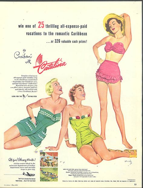 Go Caribbean with Catalina Swimsuits ad 1951 pin-up art 1950s Girl, Seventeen Magazine, Vintage Swimwear, Pin Up Art, Teen Fashion, Seventeen, Bathing Suits, Pin Up, Collage