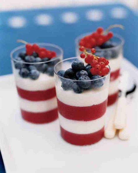 Fresh blueberries and currants top this pretty parfait that's made with red currant and panna cotta gelatin. Red White And Blue Desserts, Steak Night, Martha Stewart Recipes, Patriotic Food, Patriotic Desserts, Blue Desserts, 4th Of July Desserts, Creative Cupcakes, Bake Desserts