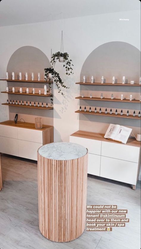 Spa Display Shelves, Modern Checkout Counter, Floating Retail Shelves, Scandinavian Store Design, Cosmetic Office Design, Skin Care Retail Display, Retail Bathroom Design, Spa Retail Area, Salon Retail Shelves