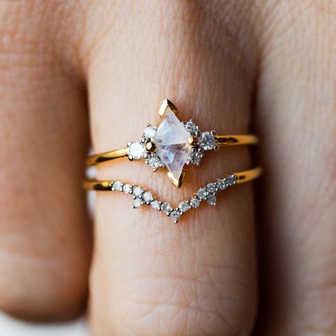 Cushion Cut Ring Set, Moon Stone Engagement Ring Wedding Set, Semi Precious Stone Rings, Local Eclectic Rings Engagement, Wedding Ring Combinations, Moon Stone Engagement Ring, Wedding Rings Pair, Boho Wedding Rings, Precious Stone Engagement Rings