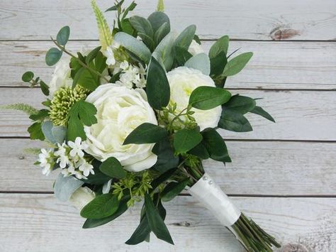 This beautiful bouquet is ready to ship and has a hand-tied look that includes roses, ranunculus, veronica, eucalyptus, allium, and more. It is a large bouquet at approximately 12 to 14 wide and 15 tall. Let me know if you would like ribbon streamers or any other customization to this bouquet. A Greenery Bridal Bouquet, Bride Bouquets White, Fake Wedding Flowers, Wedding Bouquet White, Simple Wedding Bouquets, Fake Wedding, Greenery Bouquet, Silk Wedding Bouquets, Bridal Bouquet Flowers