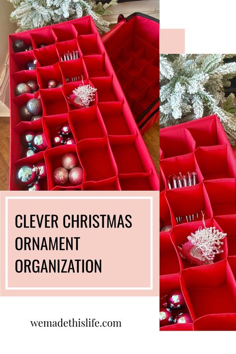 Christmas ornaments neatly organized in a red storage box with multiple compartments. How To Store Christmas Ornaments, Organizing Christmas Decorations Storage, Christmas Decor Organization, Ornament Organization, Organizing Christmas Decorations, Ornament Storage Ideas, Diy Ornament Storage, Storing Holiday Decorations, Holiday Organization Storage