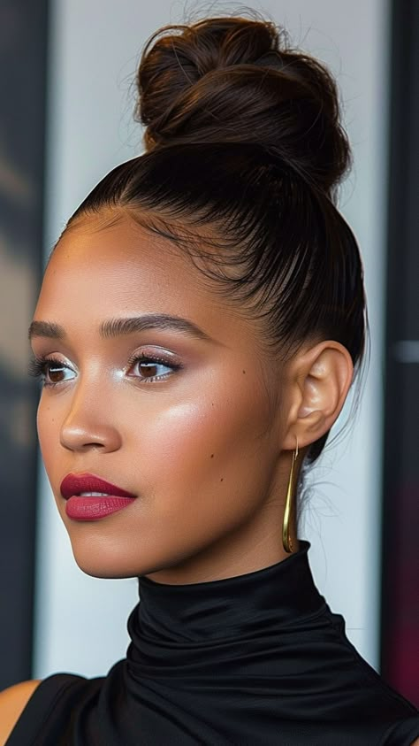 Busy Day Beauties: 30 Cute Hairstyles for Quick Glam Slick Hair Up Styles, Sister Sister Hairstyles, Ponytail And Bun Hairstyles, Hairstyle For Silk Press, Sleek Hairstyles Updo, Top Not Bun Hairstyles For Black Women, Natural Hair High Ponytail, Bunny Hairstyle Hair Buns, Hairstyles For The Rain