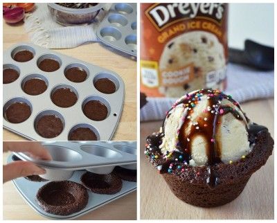 Brownie Bowl Sundaes - This is a great idea! I bet it would be great with chocolate chip cookie dough, too. Brownie Bowl, Brownie Bowls, Dessert Hacks, Brownie Sundae, Brownie Ice Cream, Homemade Brownies, Ice Cream Sundae, Yummy Sweets, Eat Dessert