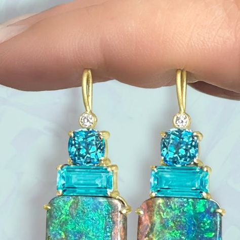 Suzy Landa Jewelry on Instagram: "The Caribbean Sea, in earring form:  Australian boulder opal, Cambodian blue zircon, emerald."