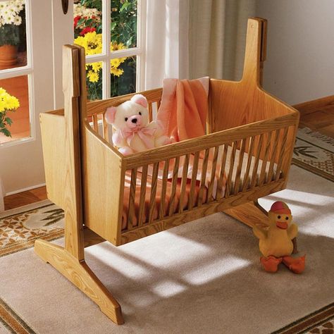 Made of durable ash, this cradle will pass on from generation to generation. What better way to express your love and pride in honor of the newborn?36" H x 24" W x 35" LFeatured inWOOD Issue 19, October 1987 Cradle Woodworking Plans, Woodworking Plans Patterns, Simple Woodworking Plans, Woodworking Shop Projects, Wood Crafting Tools, Wood Magazine, Woodworking Patterns, Woodworking For Kids, Learn Woodworking