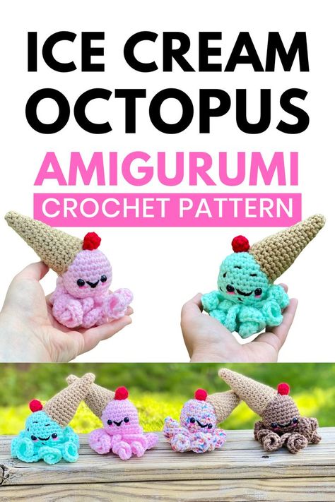 These cute, sweet stuffed toys are an incredibly unique combo of food and animal! What a perfect gift for summertime, a birthday, or for anyone who loves octopuses and sea creatures! It’s the perfect birthday gift since the sprinkles look celebratory and the cone looks like a party hat. These cute critters are excellent for collecting, using as play food toys, display and decor, and gifting! And the pattern is quick, easy and FREE! The Ice Cream Octopus Amigurumi is also a great stash buster! Sugar N Cream Crochet Patterns, Amigurumi Food Free Pattern, Crochet Birthday Gifts, Amigurumi Ice Cream, Beads Template, Summer Crochet Patterns Free, Tiny Amigurumi, Octopus Amigurumi, Boy Crochet Patterns