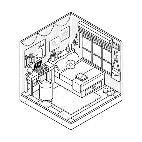 Cozy Room Coloring Pages, Pocket Room Coloring Pages, Isometric Room Drawing, Childish Painting, College Doodles, Dope Coloring Pages, Interior Coloring Pages, The Beauty Of Anime, Free Printable Coloring Book