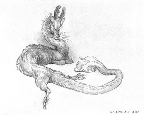 Sleeping Dragon by KatePfeilschiefter on DeviantArt Mythical Creatures Pencil Drawings, Japanese Mythical Creatures Tattoo, Sleeping Dragon Art, Folklore Creatures Art, Dragon Sleeping, Kappa Creature Japanese Folklore, Japanese Mythical Creatures, Sleeping Dragon, Eastern Dragon