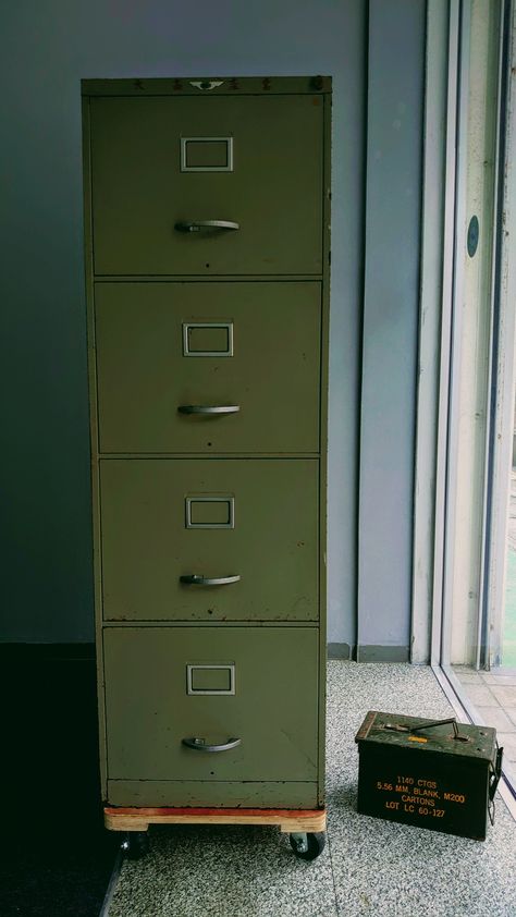 Filing Cabinet Vintage, Search Aesthetic, Gianni Schicchi, Office File Cabinets, The Shape Of Water, Painted Chair, Window Display Design, Display Props, Studio Organization