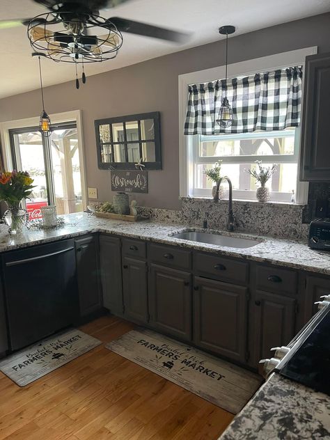 Black And Gray Farmhouse Kitchen, Single Wide Kitchen Layout, Double Wide Decor, Buffalo Plaid Kitchen, Mobile Home Kitchen Ideas, Black And White Buffalo Plaid Kitchen, Black Buffalo Plaid Kitchen, Western Kitchen Black Cabinets, Kitchen Theme Ideas