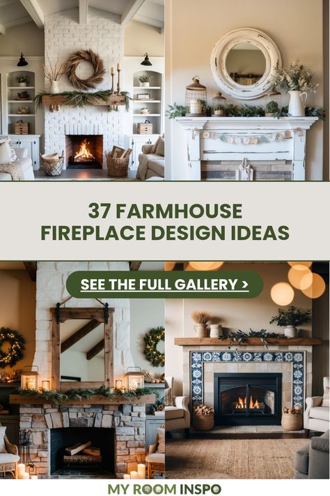 A pin showcasing 37 cozy farmhouse fireplace design ideas. Featuring various styles like rustic wood mantles and modern touches, this pin highlights the warmth and charm of fireplace transformations. It uses 4 images to inspire cozy living spaces. Fireplace Mantel Vaulted Ceiling, Farmhouse Family Room With Fireplace, Gas Fireplace Decor Ideas, Fireplace Makeover With Windows On Side, Fireplace Tile Surround Farmhouse, Farmhouse Tile Fireplace, Wood Burning Insert Fireplace, Fireplace With Vaulted Ceiling Ideas, Farmhouse Gas Fireplace