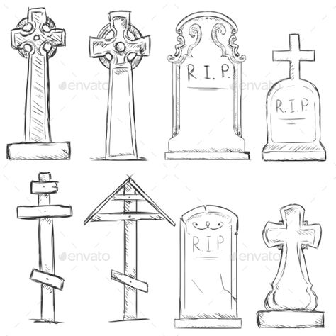 Vector Set of Sketch Cemetery Tombstones Tombstone Tattoo, Graveyard Tattoo, Gothic Drawings, Tombstone Designs, Halloween Tombstones, Cemetery Art, Halloween Painting, Halloween Drawings, Pretty Drawings