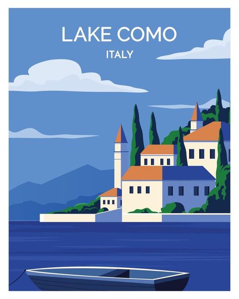 Mediterranean Artwork, France Landscape, Comer See, Tourism Poster, Poland Travel, Vintage Poster Design, Lake Como Italy, 카드 디자인, Postcard Art