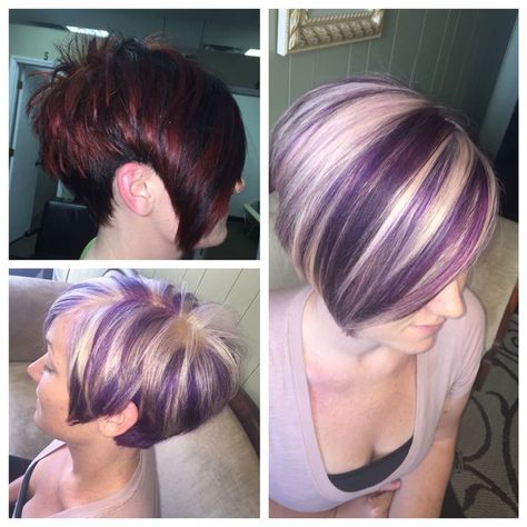 Image result for blonde bob with purple highlights Bob With Purple Highlights, Purple Hair Streaks, Really Short Haircuts, Short Hairstyles Over 50, Wild Hair Color, Lexington Nc, Hair Colouring, Hair Color Streaks, Keratin Complex