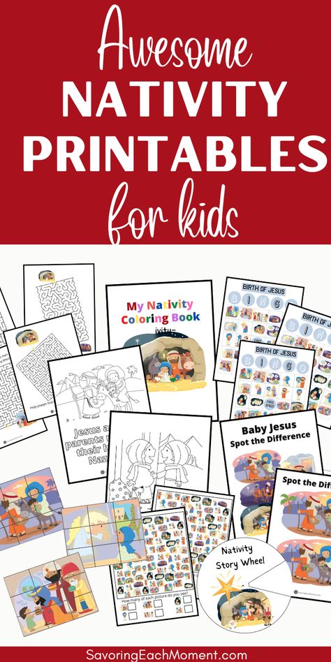 Keep your young kids busy and learning with these super fun nativity printables. Includes bingo, coloring, mazes, puzzles, I spy, story wheel craft, and spot the difference pictures. Nativity Free Printable, Nativity Printables For Kids, Nativity Bingo, Nativity Printables, Nativity Activity, Nativity Of Jesus, Jesus Coloring Pages, Story Of Jesus, Jesus Birth