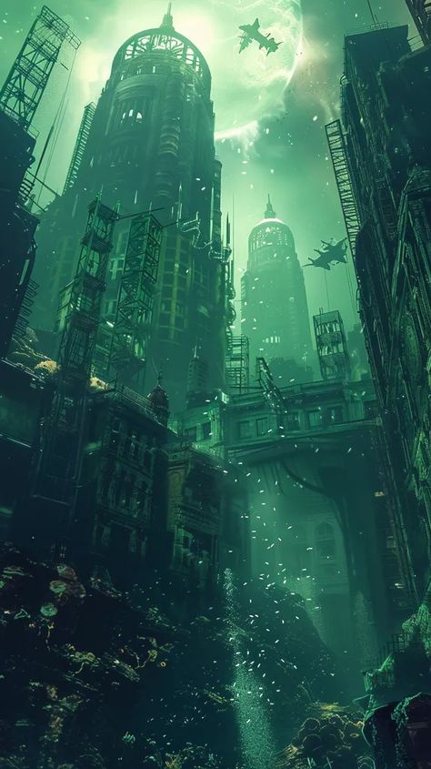 The image shows a city that has been submerged underwater. The water is murky and green, and the buildings are covered in algae ->> more details in ai-img-gen.com Underwater City Ruins, Underwater City Aesthetic, Underwater Facility, Flooded City, Bed Tattoo, Bioshock Rapture, Underwater Bubbles, Solar Punk, Underwater House