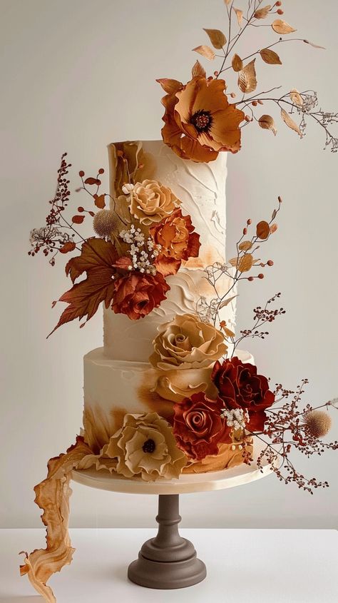 40+ Fall Wedding Ideas That Will Inspire You (Cake, Aisle, Table, Ceremony Decor, And More!) Italian Themed Wedding Cake, Fall Wedding Cakes Ideas, Terracotta Wedding Cake Ideas, Burnt Orange Cake Ideas, Terracotta Cake Wedding, Fall Engagement Cake, Luxury Fall Wedding, Autumn Cakes Ideas Fall, Wedding Cake Terracotta