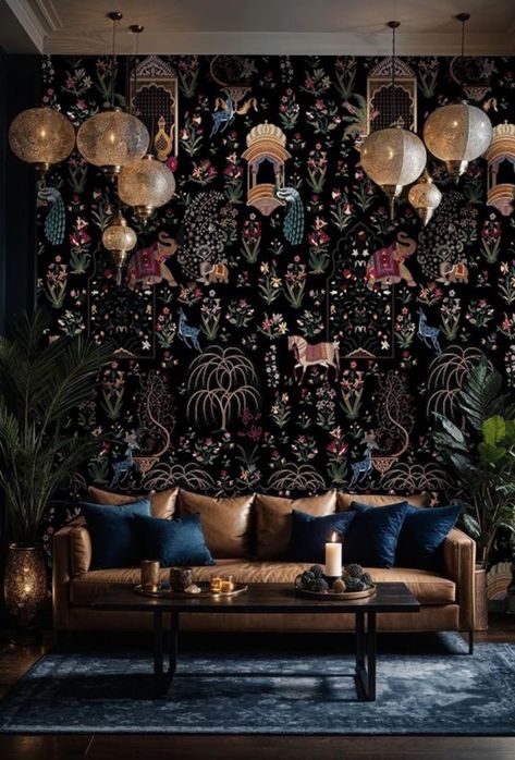 Welcome to TapetShow, where you can give your walls a beautiful look with our SELF ADHESIVE, removable peel and stick dark garden wallpaper wall mural - easier to install and less mess! This stunning oversized mughal print shows whimsical animals in a traditional Indian garden. This "wallpaper" is typically used to add impact to a focal wall as a mural. FEATURES ▪ Self adhesive peel and stick, removable wallpaper mural. ▪ Digitally printed and cut. ▪ Created using the latest, ecological HP techn Dark Wallpaper Living Room Ideas, Dark Wall Papering Ideas Living Room, Dark Bedroom With Dark Ceiling, Black Walls And Wallpaper, Dark Maximalist Wallpaper, Black Print Wallpaper, Mughal Wallpaper, Gardens Of Jaipur, Wallpaper One Wall