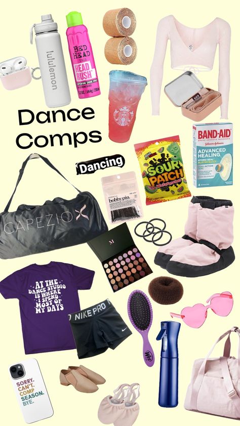 #dancecomps I'm at a dance Comp rn so I js made this lol Cheer Comp Outfits, Dance Comp Essentials, Comp Dance Aesthetic, Dance Must Haves, Dancer Goals, Dance Convention Outfits, Dance Competition Bag, Theater Tips, Dance Fits