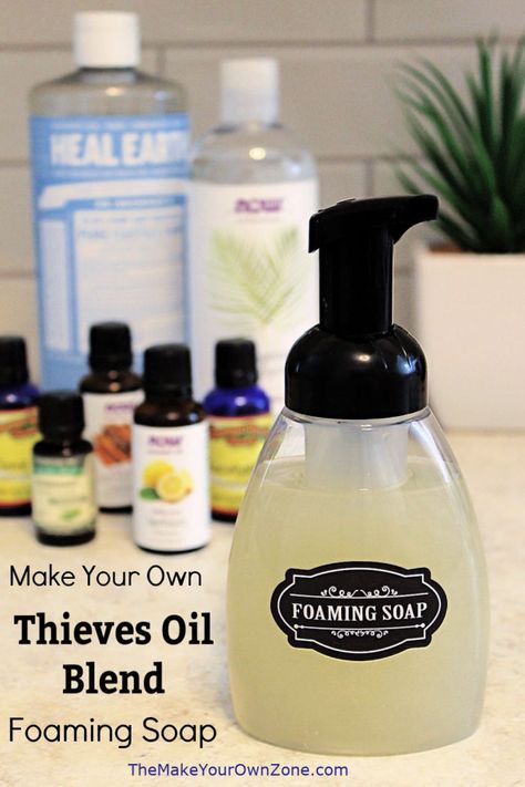 DIY Thieves Oil Foaming Hand Soap - The Make Your Own Zone Homemade Foaming Soap, Diy Thieves, Homemade Foaming Hand Soap, Foaming Hand Soap Recipe, Homemade Hand Soap, Diy Foaming Hand Soap, Diy Hand Soap, Homemade Body Wash, Foaming Hand Soap Dispenser