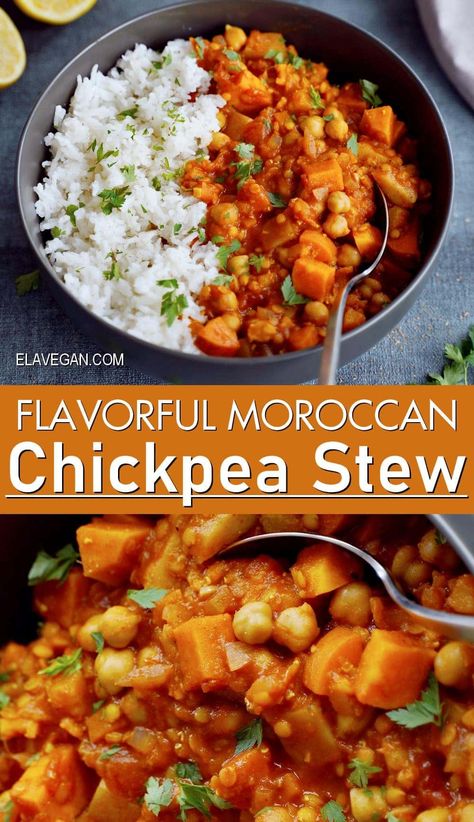 This Moroccan chickpea stew is simple, hearty, comforting, and loaded with veggies and warming spices for a truly delicious and satisfying gluten-free, meat-free meal! #Moroccanchickpeastew #chickpeastew #veggiestew #lentilstew #elasrecipes | elavegan.com Chickpea Stew Vegan, Moroccan Chickpea Stew, Chickpea Recipes Easy, Vegan Chickpea Recipes, Moroccan Stew, Moroccan Chickpea, Moroccan Vegetables, Vegan Stew, Chickpea Soup