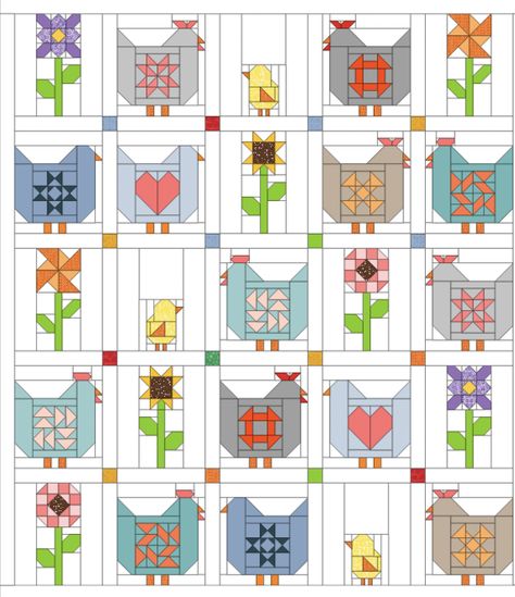 Tips for Using Fabric Value, Scale, and Placement in Quilt Design — Leila Gardunia Quilt Patterns Quilt Samplers Free Pattern, Chicken Quilt Patterns Free, Novelty Quilt Patterns, Lori Holt Quilt Blocks, Animal Quilt Patterns Free, Spring Quilts Ideas, 2 Fabric Quilt Patterns, Chicken Quilt Block Pattern Free, Bird Quilt Blocks Free Pattern