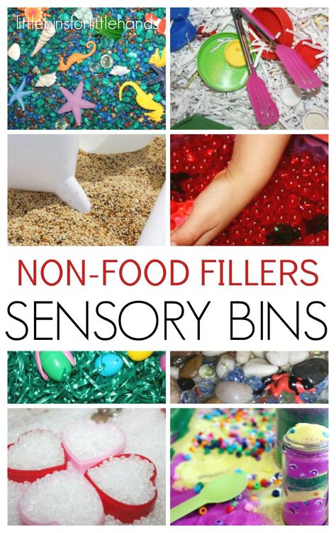 Easy non food sensory bin fillers for sensory play. Sensory bins are perfect for early childhood learning including toddler, preschool, and kindergarten age kids. Make fun sensory bins for every holiday and season too. Discovery Table Ideas Preschool, Food Sensory Bin, Prek Sensory, Sensory Center, Sensory Bin Fillers, Kindergarten Sensory, Vetenskapliga Experiment, Sensory Tables, Preschool Sensory