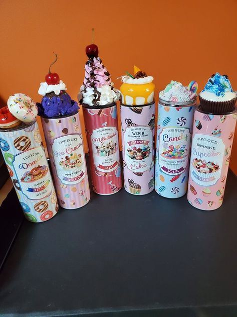 Tumbler Cups Glitter, Candy Milkshake, Cake Milkshake, Tumbler Toppers, Funny Tumblers, Epoxy Projects, Ice Cream Cupcakes, Fake Bakes, Candy Cupcake