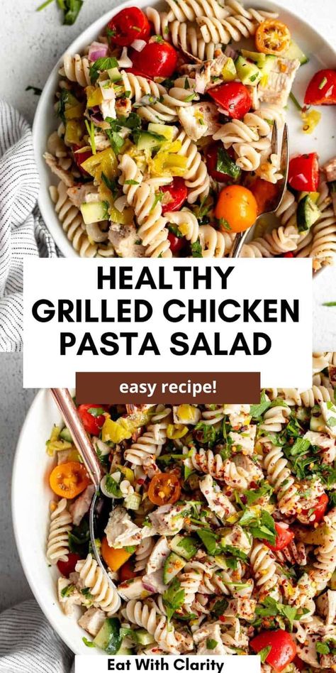 This healthy gluten free pasta salad is easy to make, dairy free, loaded with veggies like cucumber and tomatoes. This pasta salad has grilled chicken and an Italian olive oil vinaigrette. The perfect salad for a summer barbecue! Gluten Free Pasta Salad With Chicken, Best Gluten Free Pasta, Grilled Chicken Pasta Salad, Summer Lunch Recipes, Gluten Free Pasta Salad, Dairy Free Pasta, Healthy Pasta Salad, Brown Rice Pasta, Perfect Salad