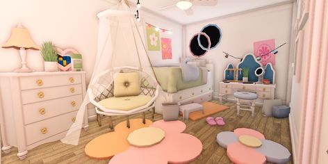 Bloxburg Pastel Bedroom, Bloxburg Danish Pastel Bedroom, Bloxburg Summer Bedroom Ideas, Bloxburg Pastel House, Kid Bedroom Bloxburg, Danish Pastel Bloxburg, Bloxburg Kid Room Ideas, Bloxburg Kids Bedroom, Bloxburg Kids Room