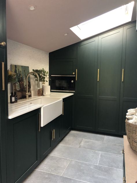 Boot Room Utility, Reminder To Myself, Utility Room Designs, Large Cardboard Boxes, Dark Green Kitchen, Utility Cupboard, Room Looks, Boot Room, Shaker Kitchen