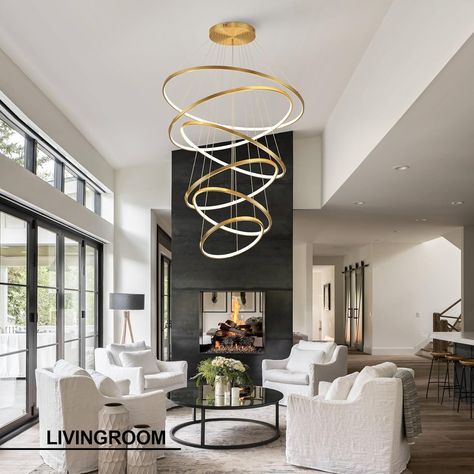 AIRYPHANT 5 Ring LED Chandelier Modern Gold Chandeliers with Remote Control Dimmable Large Contemporary Ceiling Pendant Light for Foyer High Ceiling Living Room 3000K-6000K Selectable - Amazon.com Modern Chandelier For Foyer, Chandeliers For Living Room High Ceiling, Living Room Chandelier High Ceiling, Living Room Chandelier Ideas, Chandelier High Ceiling, High Ceiling Chandelier, Modern Chandelier Foyer, Led Chandelier Modern, Modern Gold Chandelier